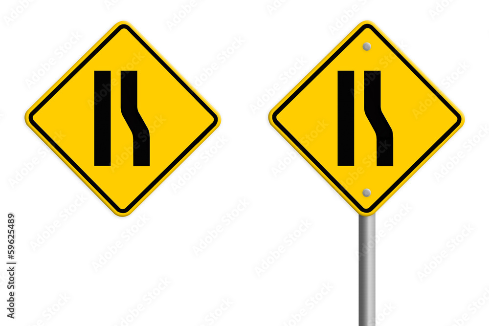 Road narrows merge Left sign isolated on a white background, par Road narrows merge Left sign isolated on a white background, par