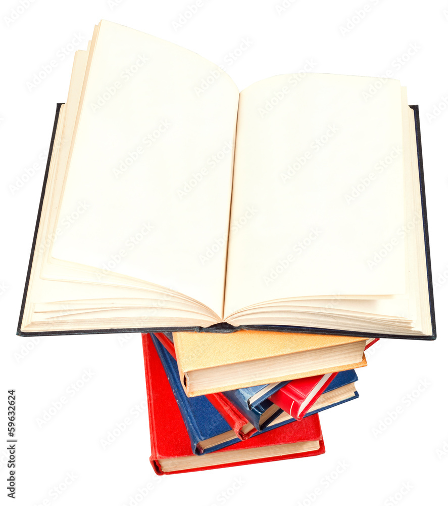open book on top of stack of books open book on top of stack of books