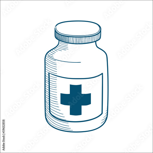 Bottle with medical cross sign isolated on white.