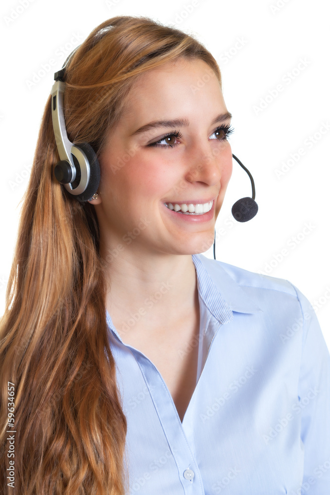 Junge Frau mit langen blonden Haaren und Headset Junge Frau mit langen blonden Haaren und Headset