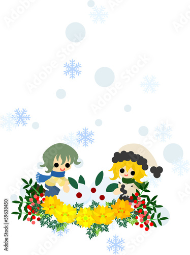 福寿草が咲く場所で、かわいい雪うさぎを作る小さな男の子と女の子。