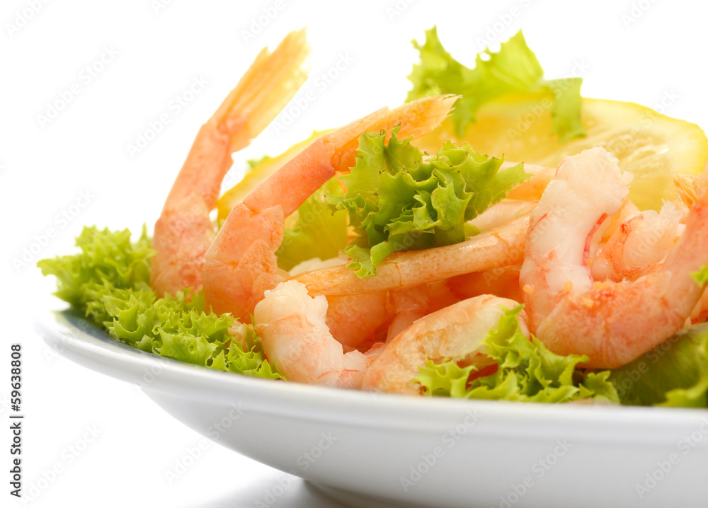 Boiled shrimps with lemon and lettuce leaves Boiled shrimps with lemon and lettuce leaves