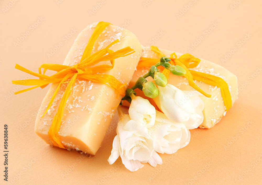 Natural handmade soap, on beige background Natural handmade soap, on beige background