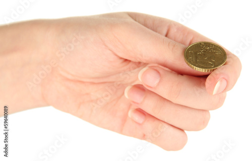 Hand of woman flipping coin isolated on white