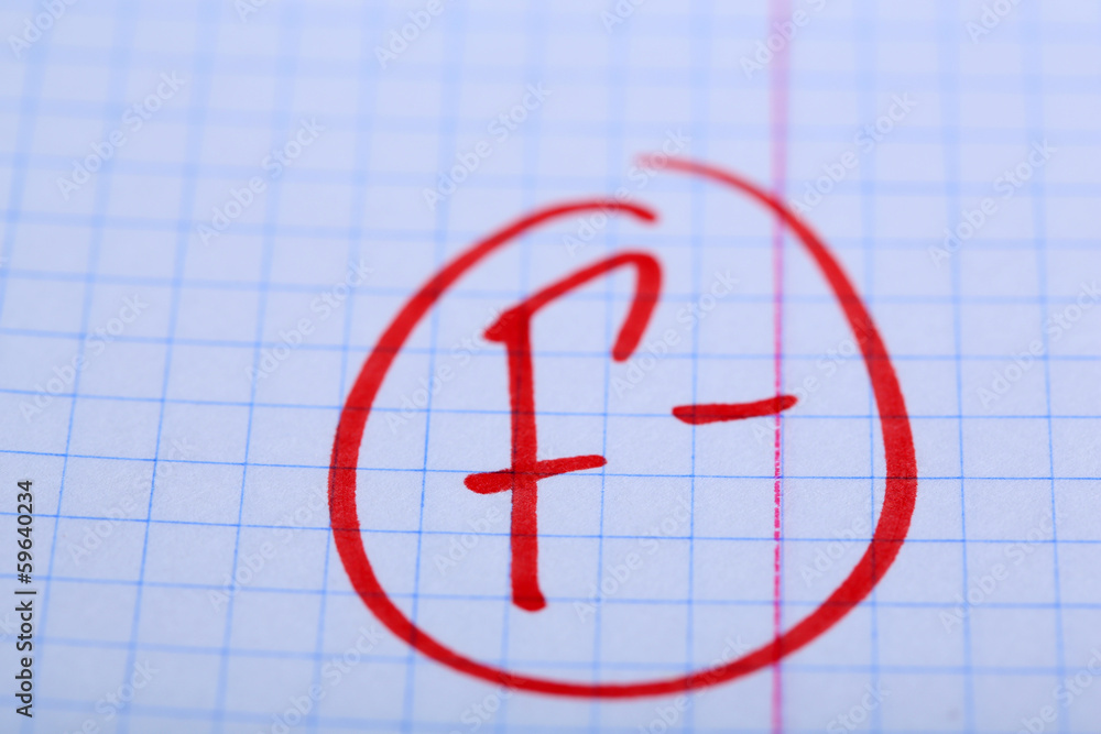 Grade F- written on an exam paper Grade F- written on an exam paper