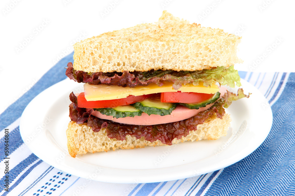 Fresh and tasty sandwich on plate isolated on white Fresh and tasty sandwich on plate isolated on white