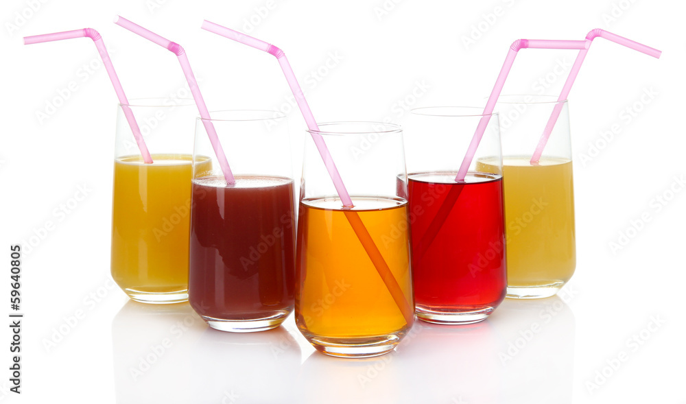 Variety of juices in glasses, isolated on white Variety of juices in glasses, isolated on white