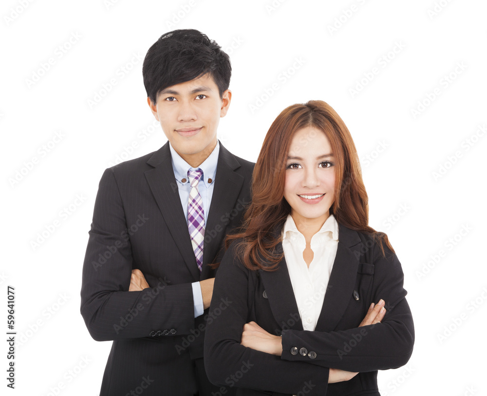 young smiling businessman and businesswoman young smiling businessman and businesswoman