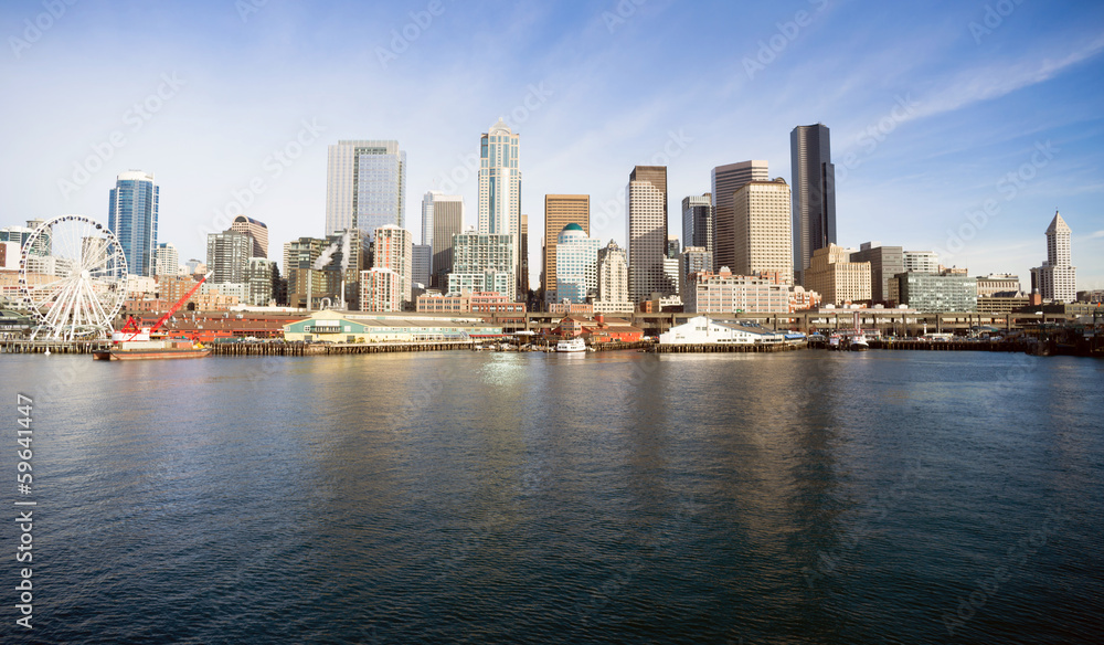 Waterfront Piers Dock Buildings Ferris Wheel Boats Seattle - obrazy, fototapety, plakaty 