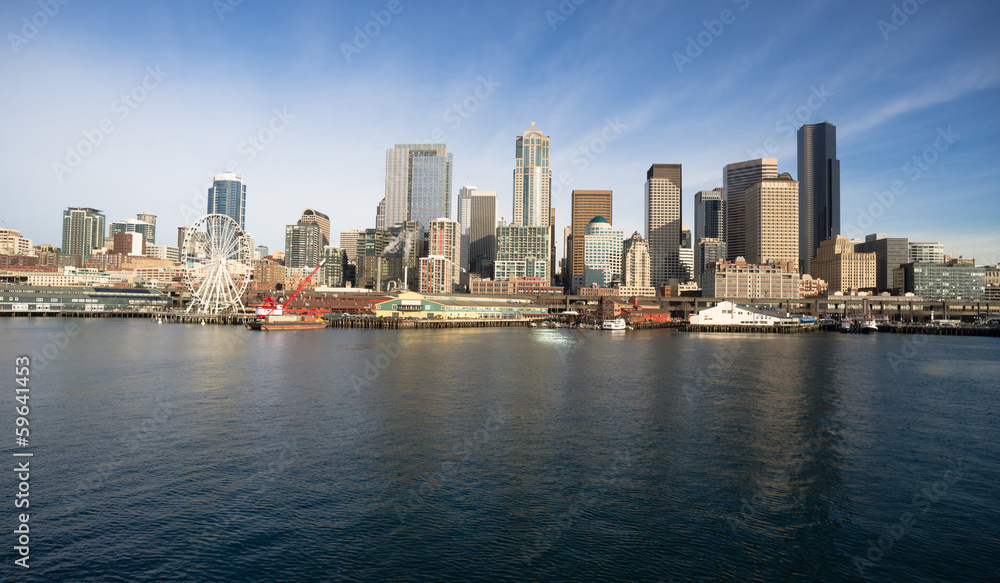 Waterfront Piers Dock Buildings Ferris Wheel Boats Seattle