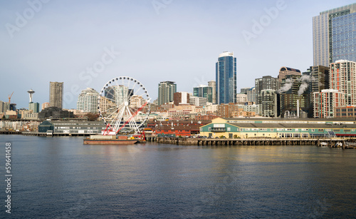 Waterfront Piers Dock Buildings Ferris Wheel Seattle
