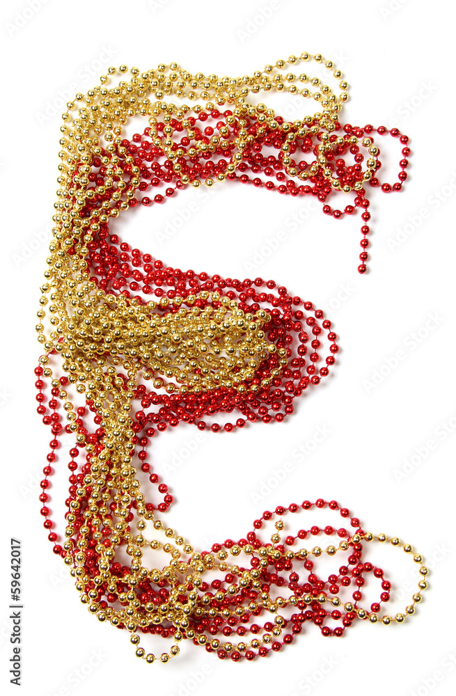 Letter e of red and gold beads Letter e of red and gold beads