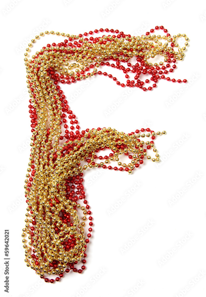 Letter f of red and gold beads Letter f of red and gold beads