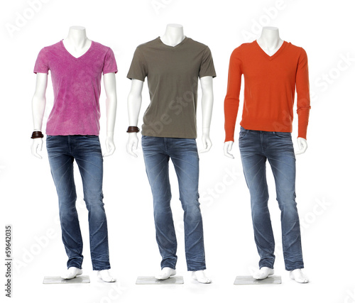 three male mannequin dressed in jeans with colorful t-shirt