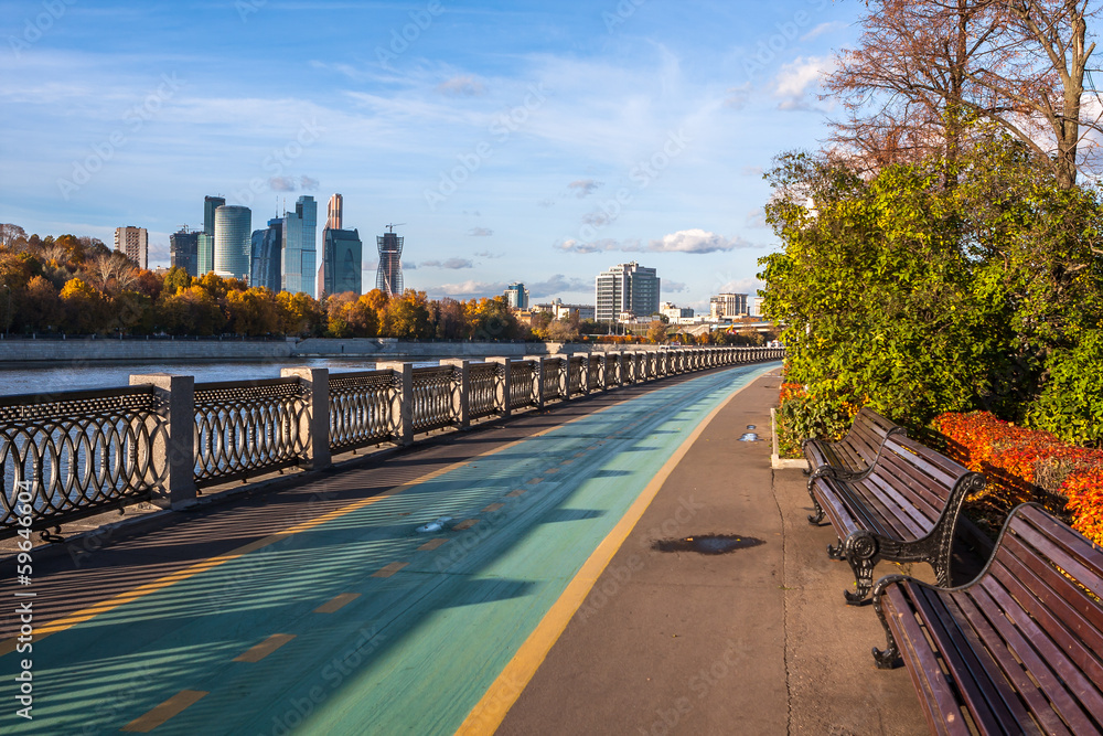 View on the Moscow river embankment and Moscow scyscrapers