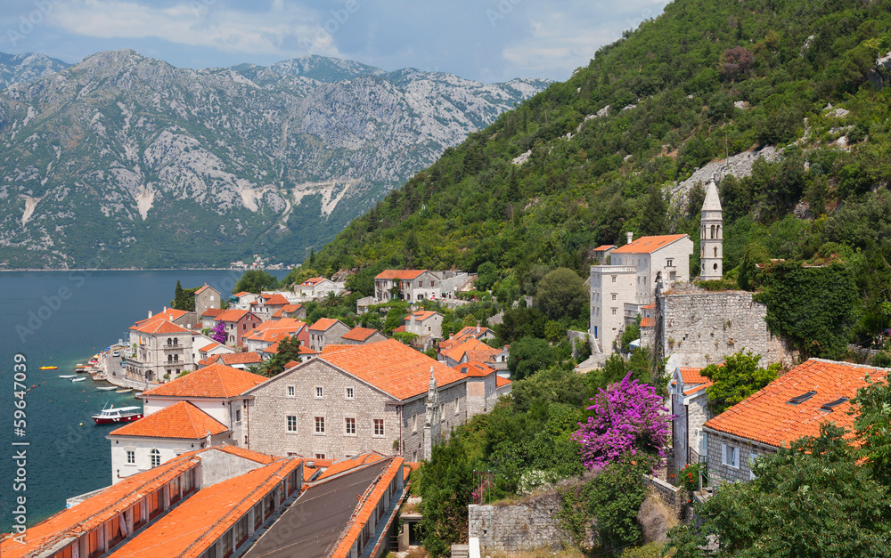 Landscape of old town on Adriatic sea coast. Perast, Montenegro