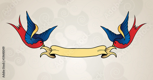 Tattoo style swallows with banner, old school