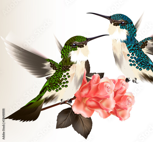 Cute valentine card with couple of humming bird and roses
