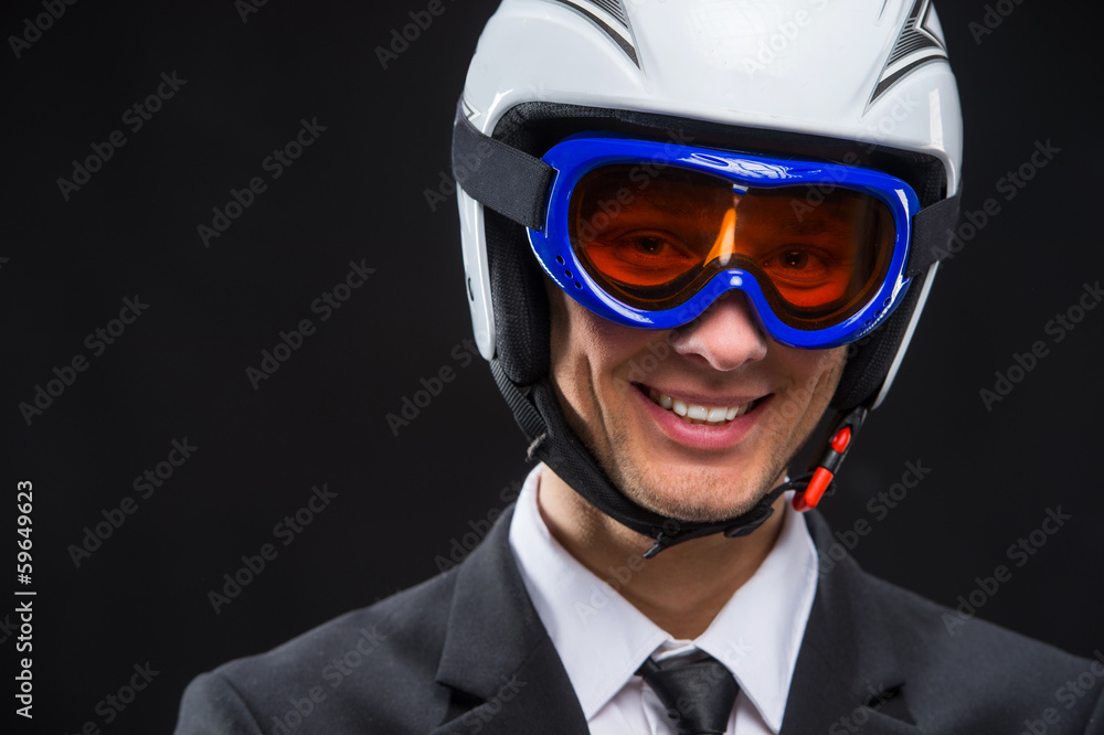smiling man in sportive hamlet and glass mask. smiling man in sportive hamlet and glass mask.