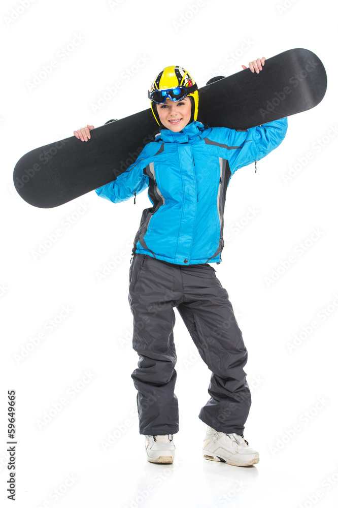 Full length shoot of young female snowboarder. Full length shoot of young female snowboarder.