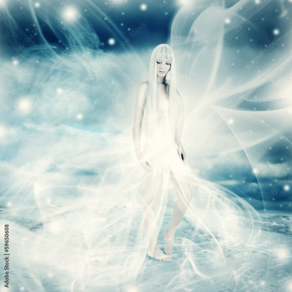 fairy woman on snow winter background fairy woman on snow winter background