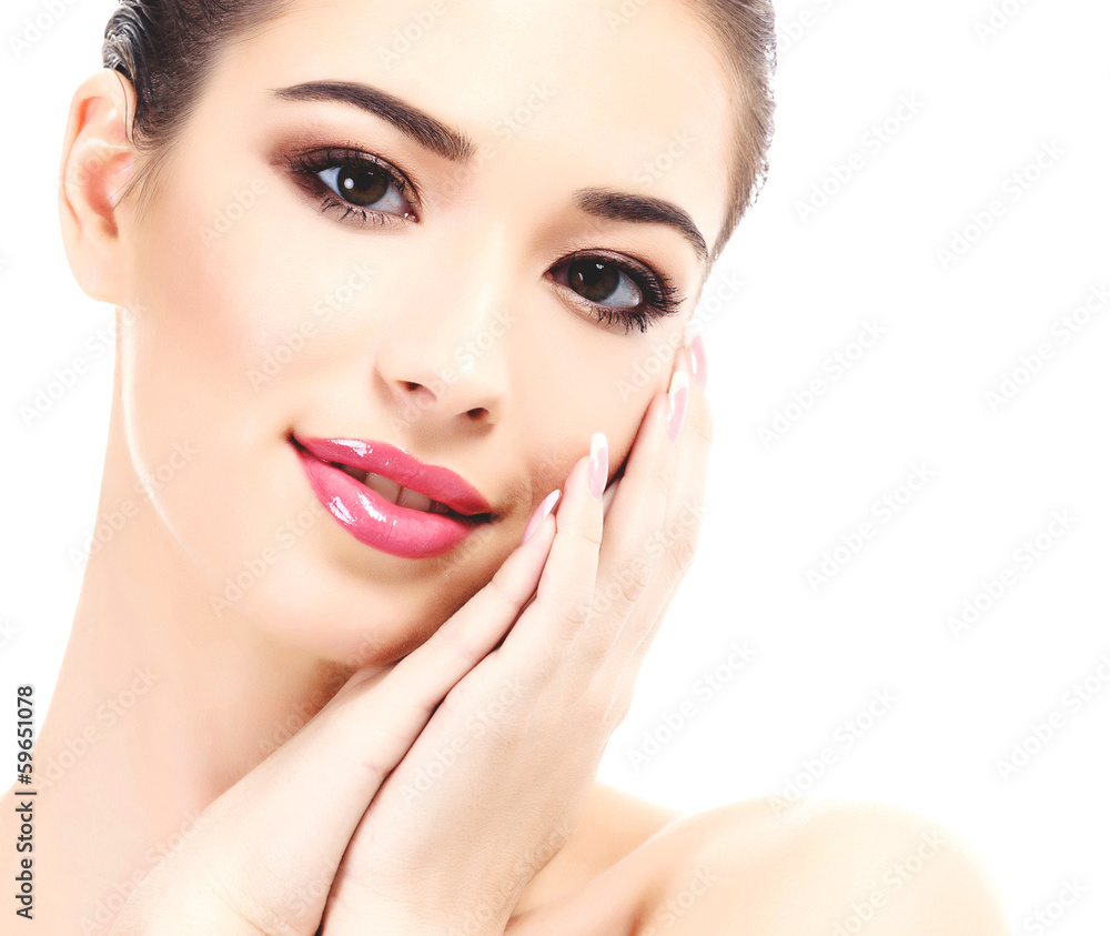 Beautiful girl with clean fresh skin, white background Beautiful girl with clean fresh skin, white background