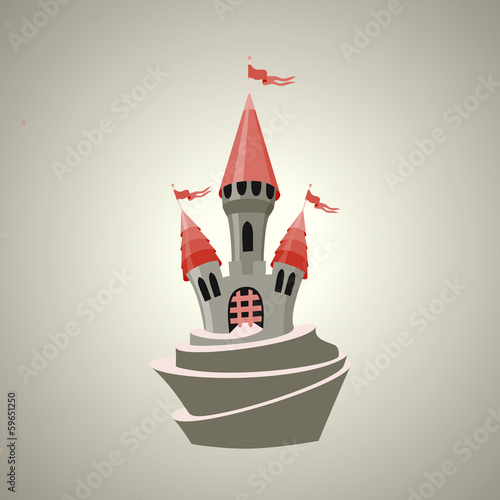 Cartoon fortified castle with flags. Icon.