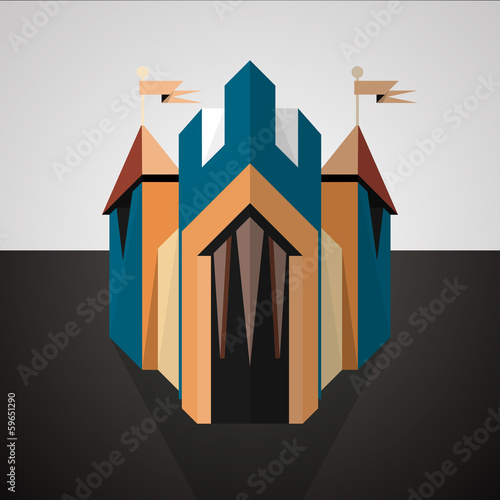 Cartoon castle drawn in perspective. Icon.