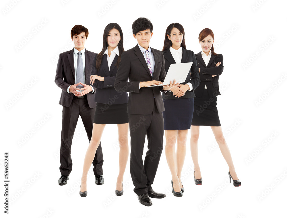 smart businessman holding laptop with business team smart businessman holding laptop with business team