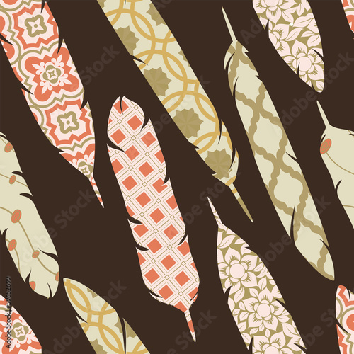 Vector seamless pattern with patch ornate colorful feathers