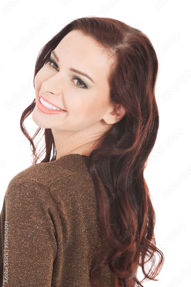 Portrait of beautiful sexy woman in browm bolero jacket. Portrait of beautiful sexy woman in browm bolero jacket.