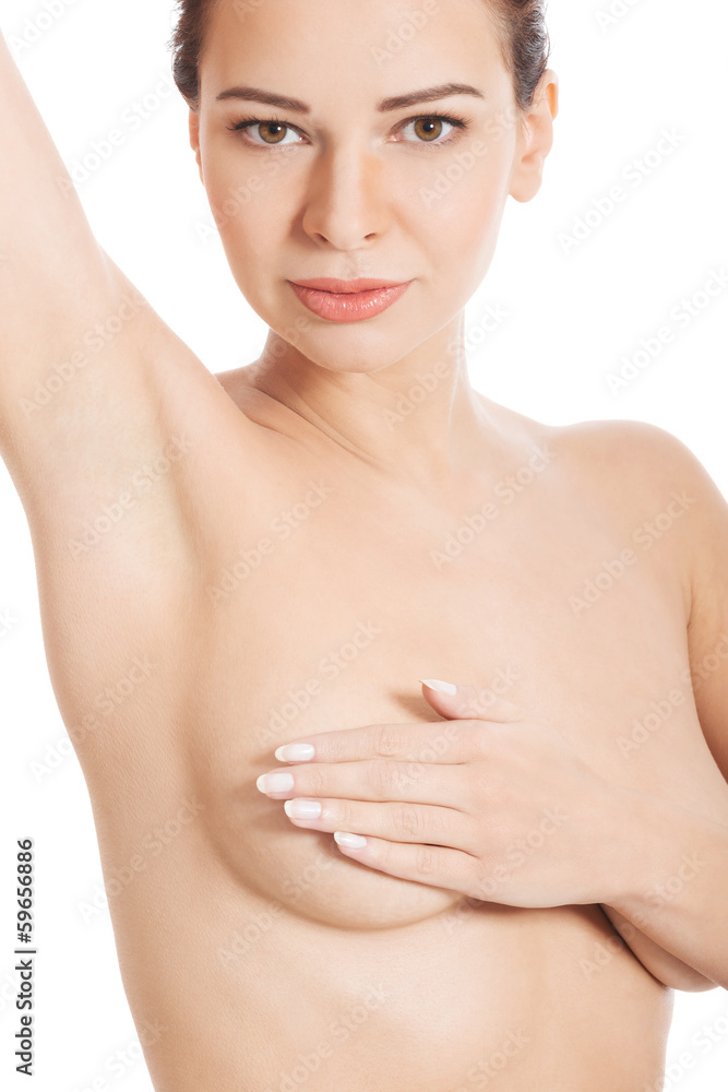 Beautiful topless woman with covered breasts. Beautiful topless woman with covered breasts.