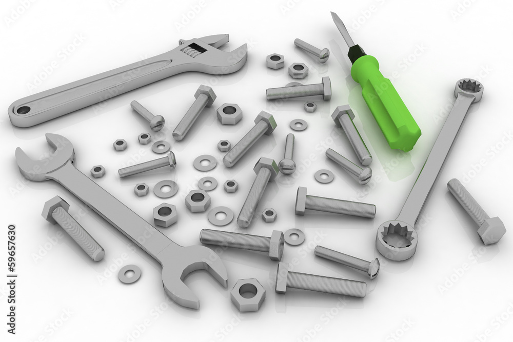 bolts, nuts and pucks of different shapes and tools on white bolts, nuts and pucks of different shapes and tools on white