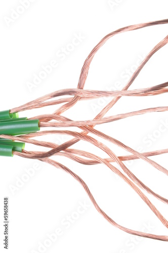 Green energy, copper cable in the green tube on white background