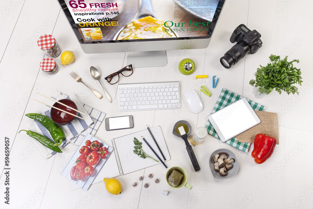 Overhead of the essentials objects of a foodie girl.