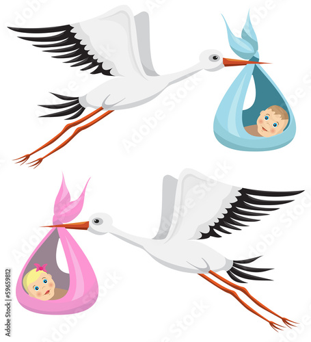 Storks with boy and girl