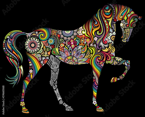 A horse and a rainbow on a black background.