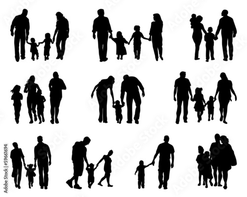 Black silhouettes of walking families , vector