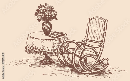 Vector drawing comfortable rocking chair near the round table