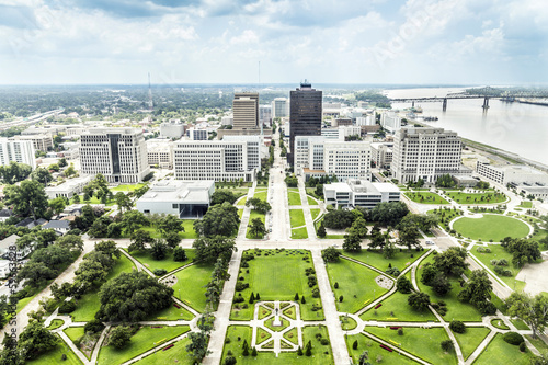 aerial of baton Rouge with  Huey Long statue and  skyline