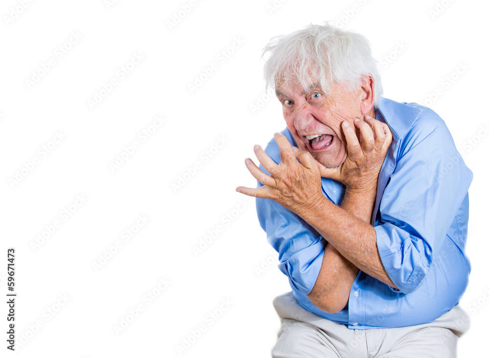 Crazy, agitated, unhinged elderly, senior man Crazy, agitated, unhinged elderly, senior man