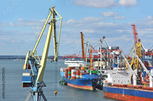 Container stack and ship under crane bridge © Unkas Photo