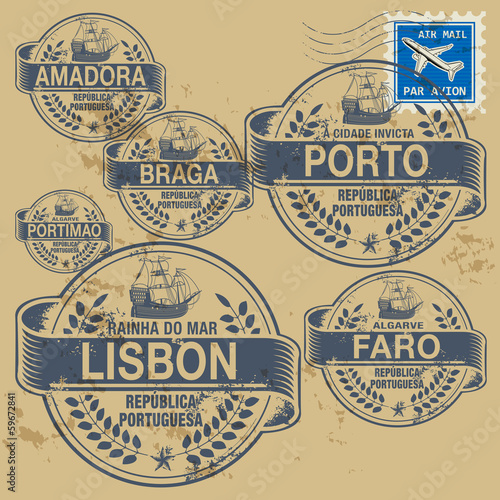 Grunge rubber stamp set with names of Portugal cities