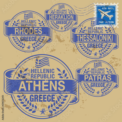 Grunge rubber stamp set with names of Greece cities