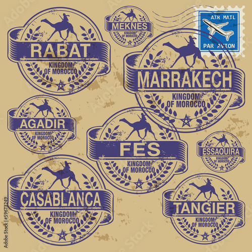 Grunge rubber stamp set with names of Morocco cities