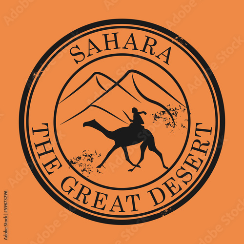 Grunge rubber stamp with Camel and the text Sahara Desert