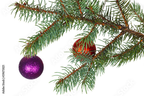 Red and violet balls on the branch of Christmas tree