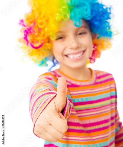 little girl in clown wig