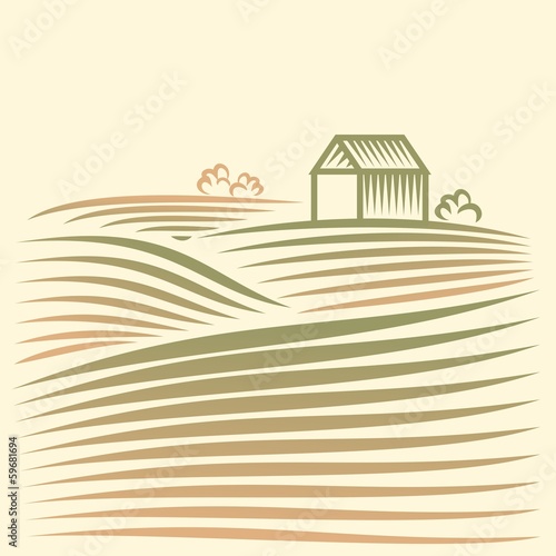 Rural landscape with fields and house