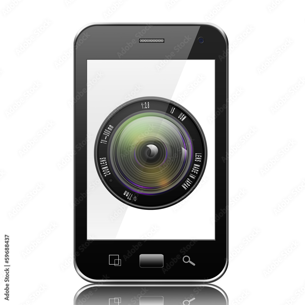 Camera photo lens on smartphone,smartphone with lens illustratio Camera photo lens on smartphone,smartphone with lens illustratio